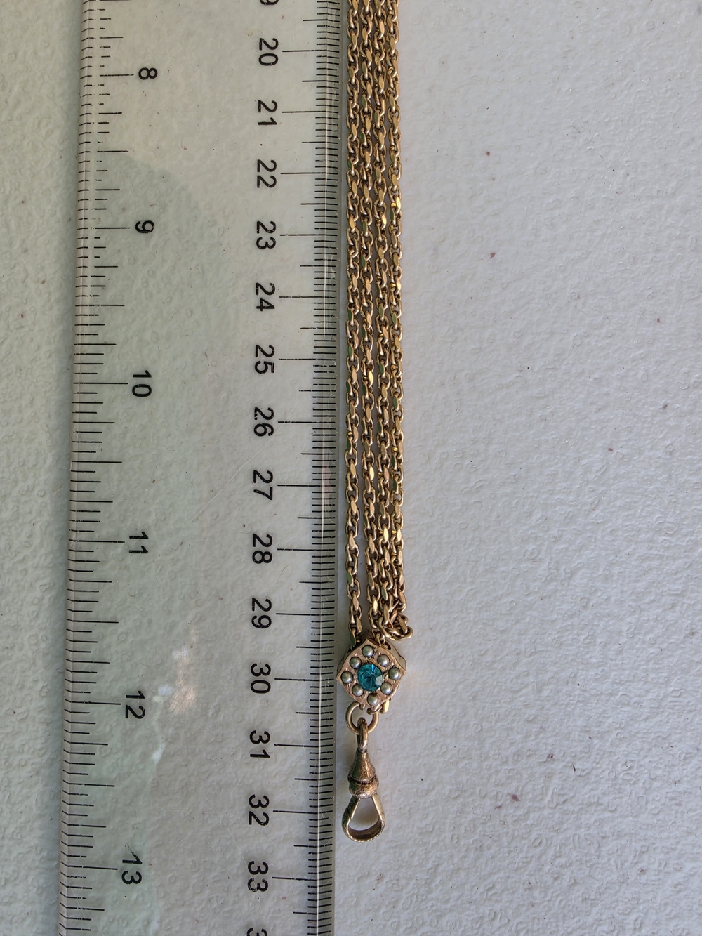 Antique Gold-Tone Watch Chain with Genuine Seed Pearls & Blue Paste Glass - Picture 10 of 12